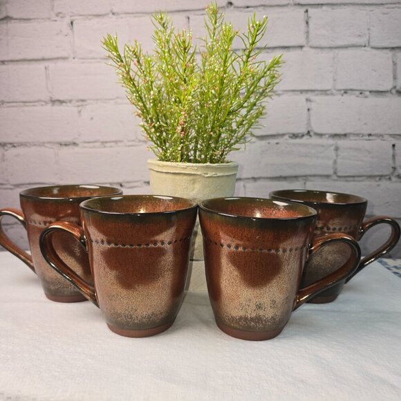SANGO CYPRUS SIENNA MUG SET Of 4  16 OZ RUSTIC BRONZE GLAZE WITH BEADED EDGE - Picture 3 of 14